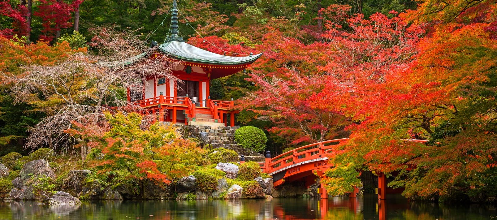 A vermilion pagoda and arched bridge among autumn maples beside a still pond